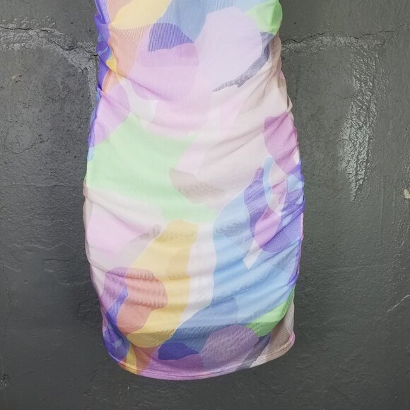 Nasty Gal Bodycon Dress 2 XS Mini Mesh Abstract Pastel Print Strappy Stretch NEW - Picture 9 of 16